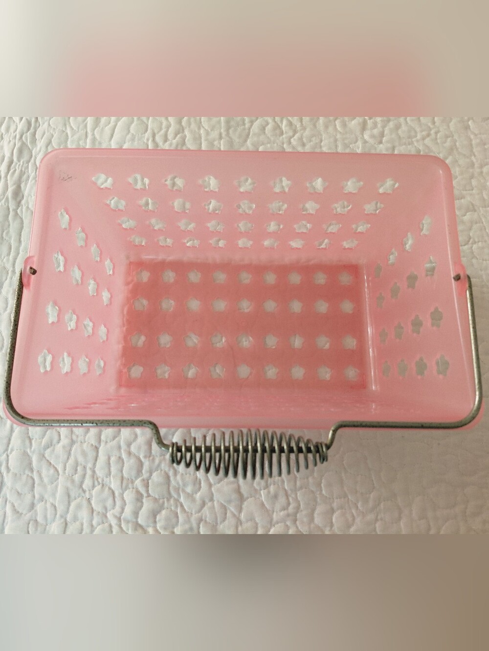 Vintage Pink Plastic Flower Power Storage Basket with Metal Handle